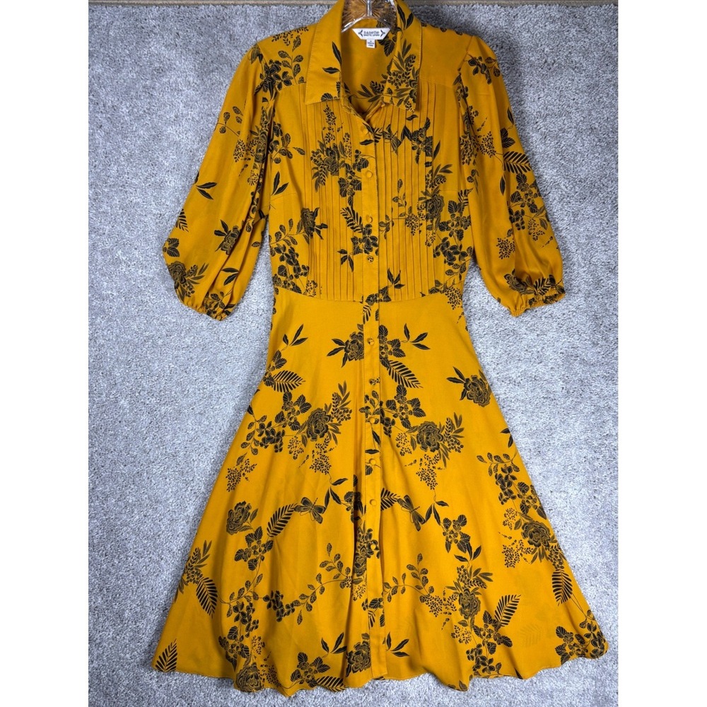 Nanette Lepore Womens‎ 4 Mustard Yellow Floral Pintuck Button Front Midi Dress